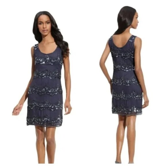 PISARRO NIGHTS Navy Blue Silk Beaded Sequin Cocktail Mother Of The Bride Dress 6 - Picture 1 of 8